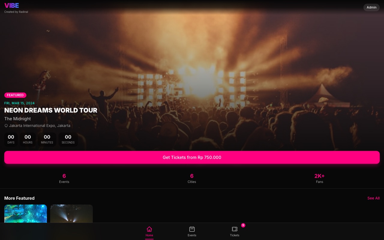 VIBE: Event Ticketing, live application screenshot